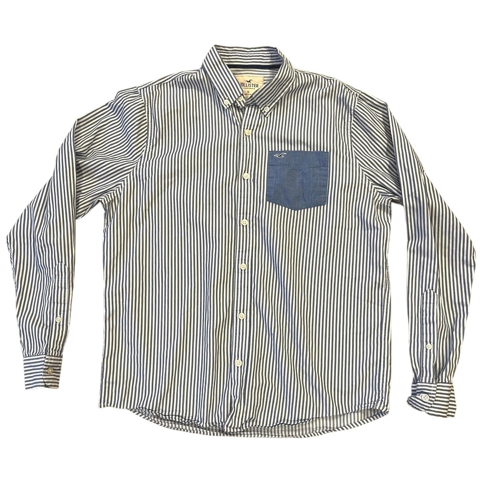 Hollister‎ Mens XL Blue & White Stripe Casual Button Down Long Sleeve Shirt